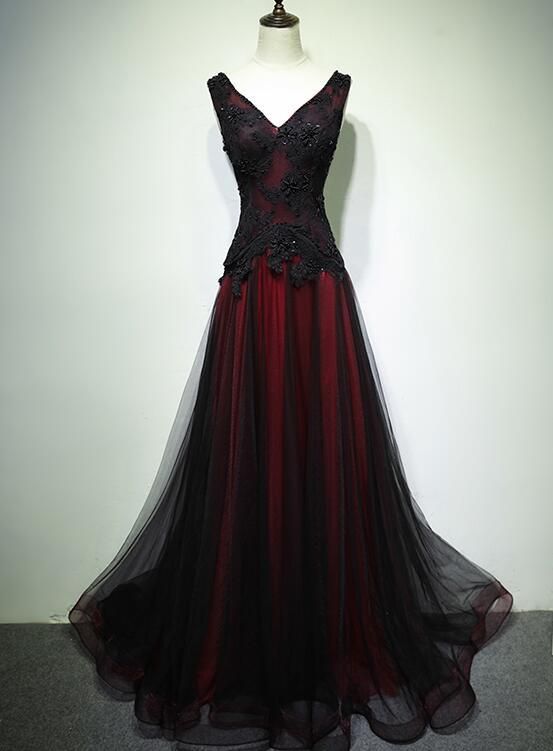 Gorgeous Black And Red V-Neckline Tulle Beaded Prom Dress, Long Evening Gown C1249