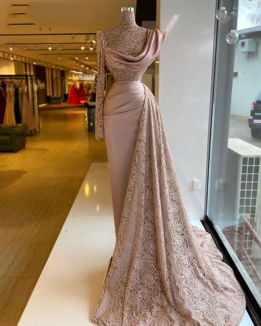 Elegent Pink Meimaid Lace Evening Dresses Gowns Long 2022 One Sleeve Sheer Lace Formal Evening Party Gown for Women Plus Size C1610