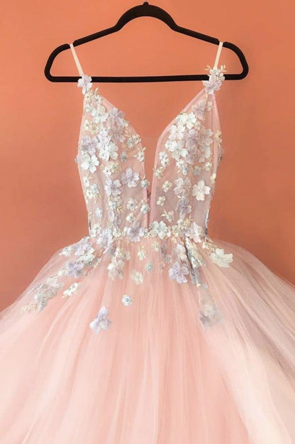 Pink v neck appliqué long prom dress evening dress  C1291