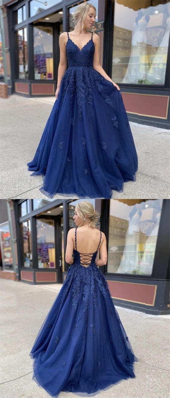 Blue prom dress,tulle prom dress,applique prom dress,lace prom dress C107