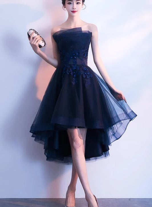 Charming Navy Blue High Low Party Dress, Lace Applique New Style Prom Dress C635