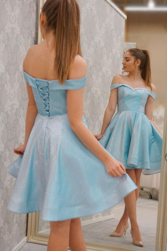 off the shoulder blue A-line short party dress homecoming dress with lace up back  C805