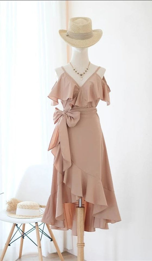 High-Low V-Neck Nude Homecoming Dress with Ribbon  C1160