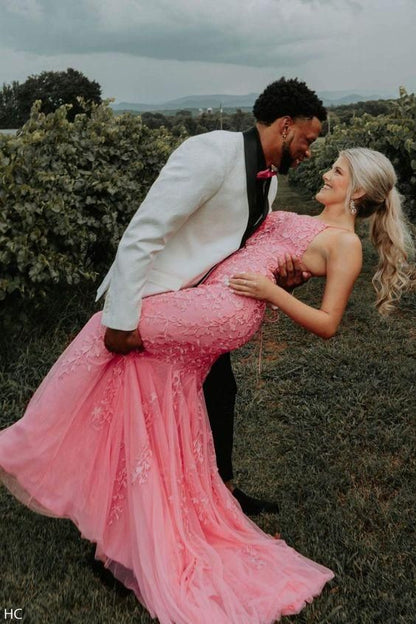 Mermaid Straps Long Lace Prom Dress with Lace-Up Back C1402