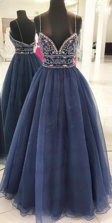 Unique Straps Embroidered Navy Blue Long Prom Dress C192