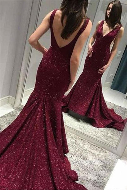 Sparkly Long V-Neck Open Back Mermaid Burgundy Prom Dresses C1498