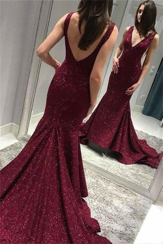 Sparkly Long V-Neck Open Back Mermaid Burgundy Prom Dresses C1498