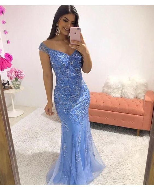 Off the shoulder floor length prom dress C1543