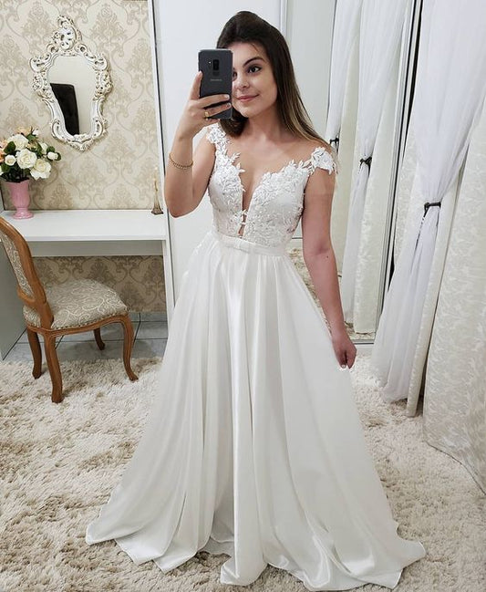 White Wedding Party Dress Chiffon Illusion Cap Sleeve Formal Gown With Lace Appliques  C109