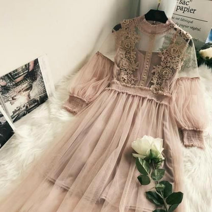 New Arrivals Women Lace Flower Gauze Lantern Sleeve Voile Long Female Retro Hook Princess Dress,Long Prom Dress C895