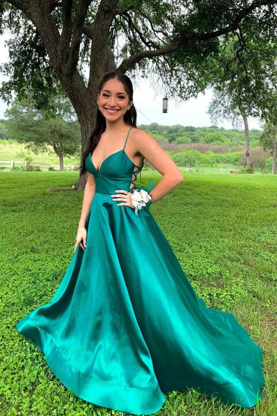 simple straps a-line green long prom dress C962