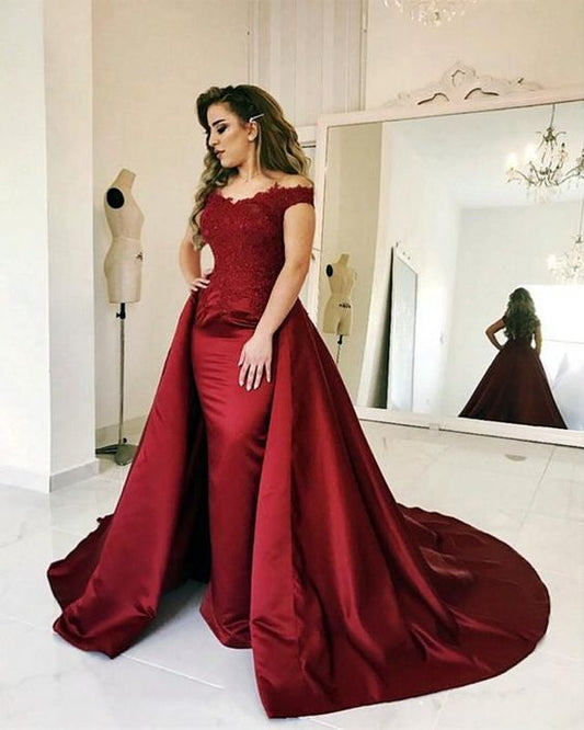 Elegant Sheath Satin Burgundy Long Train Off Shoulder Prom Dresses C847