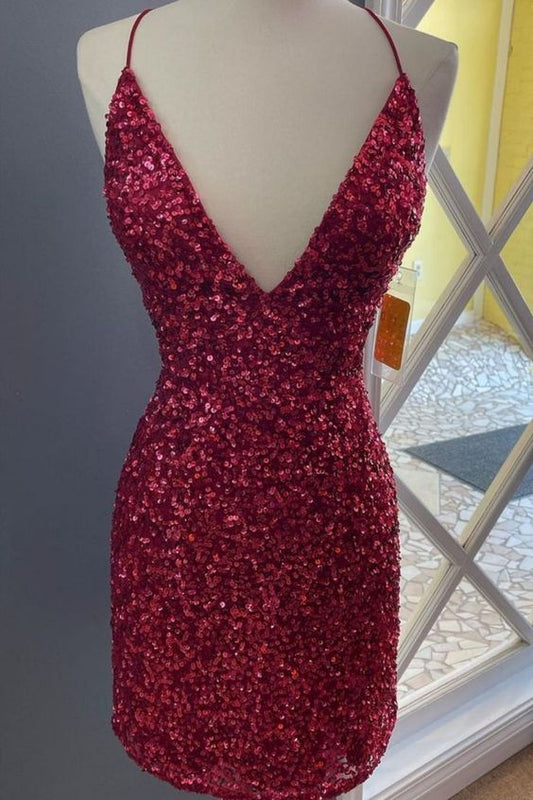 v neck burgundy sequins tight party dress homecoming dress  C1159