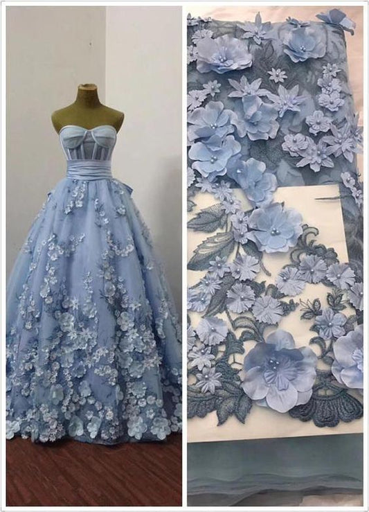 sweetheart neck blue prom dresses ball gown 3d flowers elegant a-line floral prom gown  C1628
