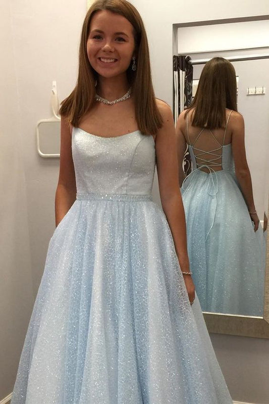 glitter light blue tulle long formal dress with double straps a-line long prom dress C951