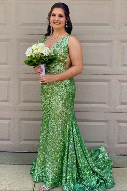 Glitter V-Neck Black Long Mermaid Prom Dress C946