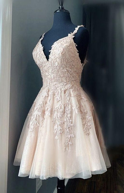 Blush Pink Lace Appliqués Tulle V Neck Homecoming Dresses  C1152