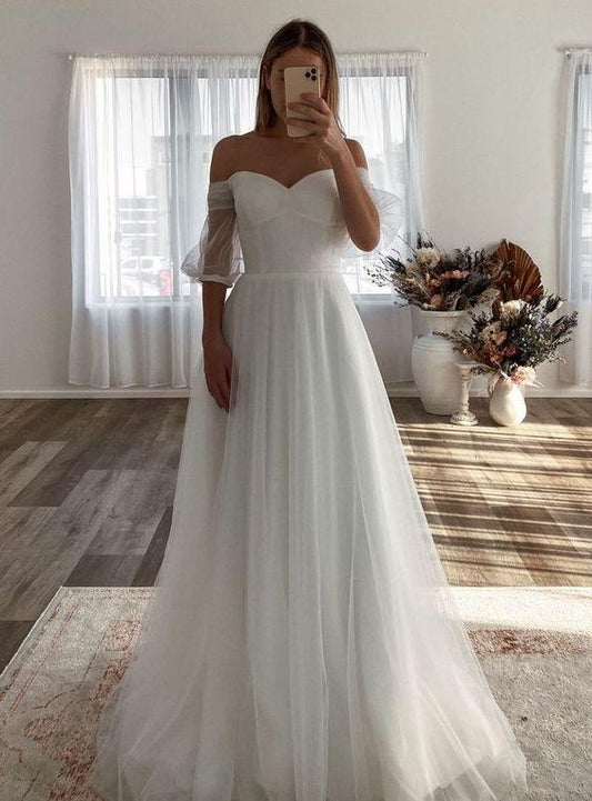 Charming Off Shoulder White Tulle Long Prom Dress C627