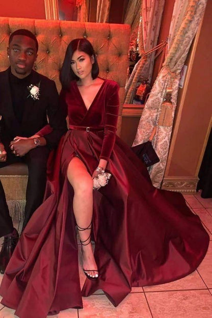 Sheath Long Sleeves Split Short Red Prom Dresses  C1578