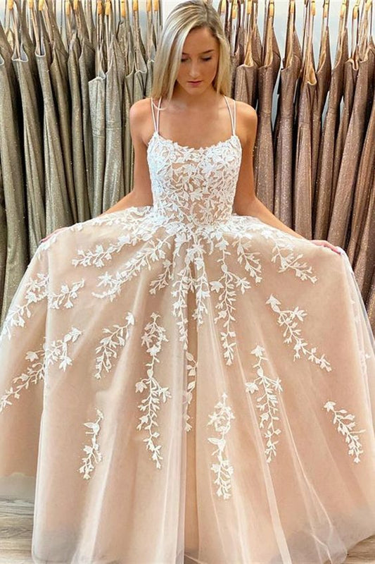 Spaghetti Straps Tulle Long Prom Dresses with Appliques and Beading,Party Dresses  C1002