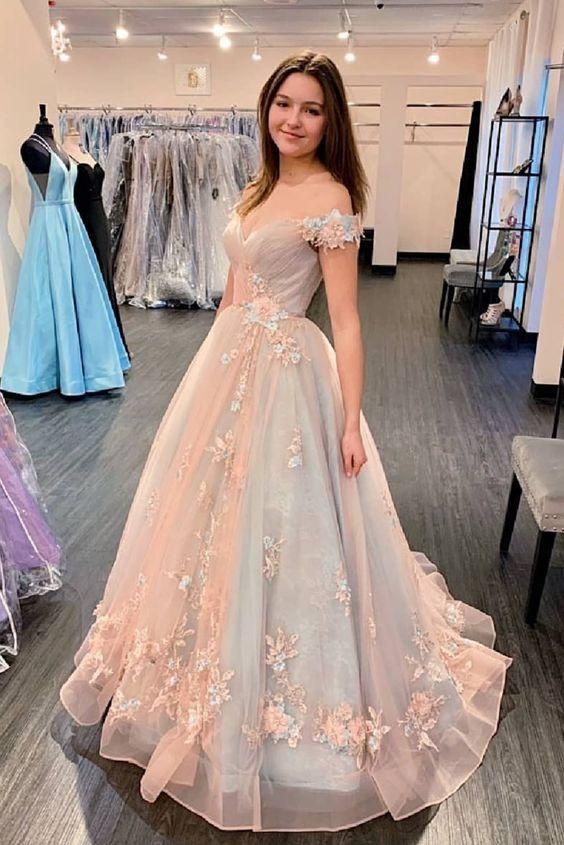 princess off the shoulder pink long and floral prom dress quincerean dress C392