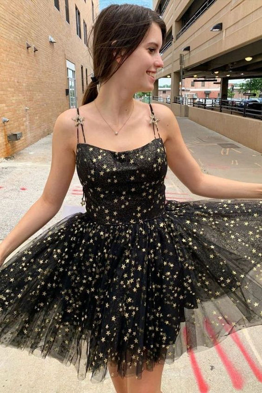 princess black A-line short party dress features with spaghetti straps and stars sparkles C373