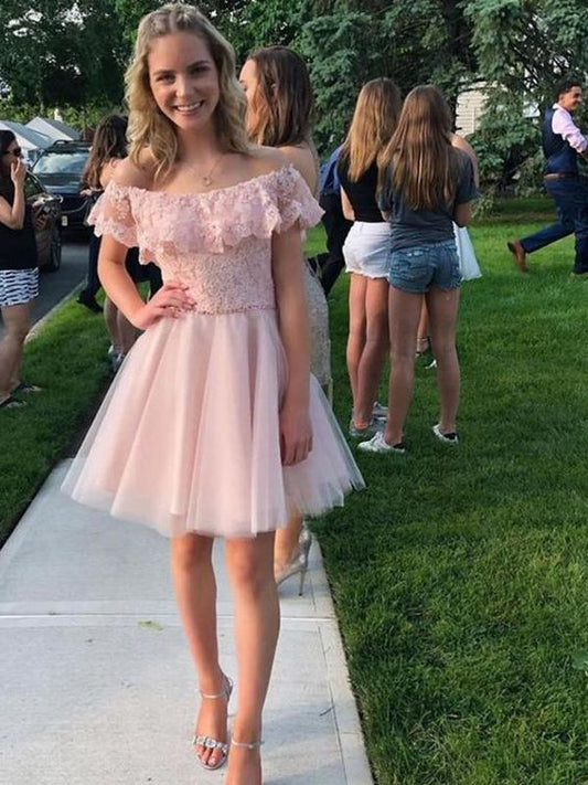 A-Line/Princess Applique Tulle Short Sleeves Off-the-Shoulder Short Homecoming Dresses C794