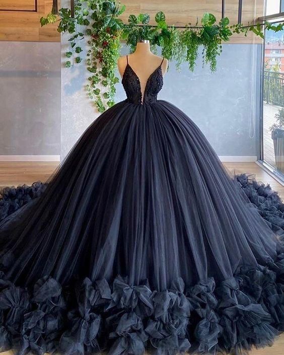 Spaghetti Straps Beading Bodice Tulle Ball Gown Evening Dress With Handmade C64