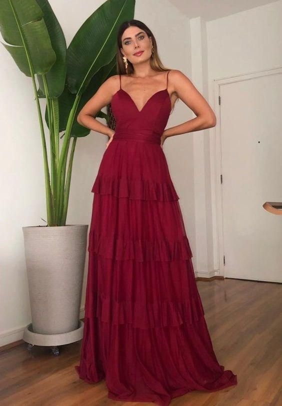 A-line V Neck Long Prom Dress, Spaghetti Straps Prom Dress C698