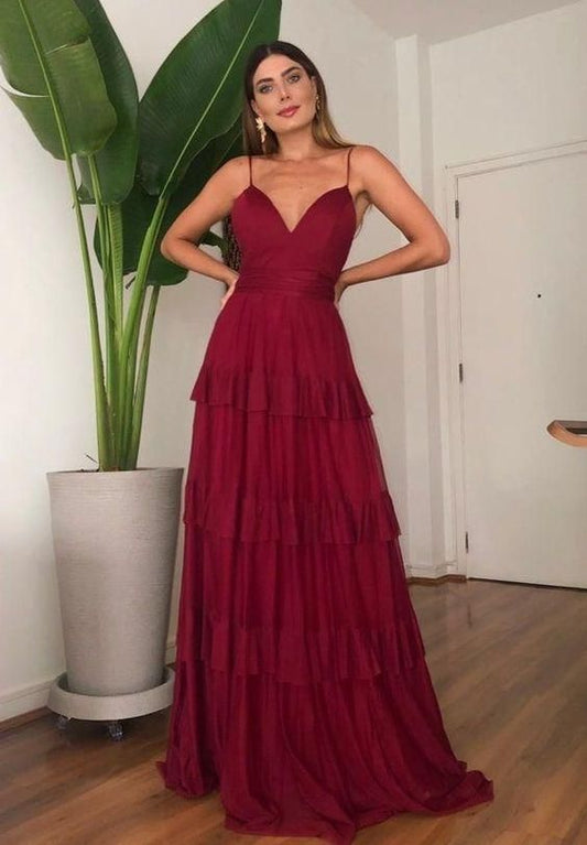 A-line V Neck Long Prom Dress, Spaghetti Straps Prom Dress C698