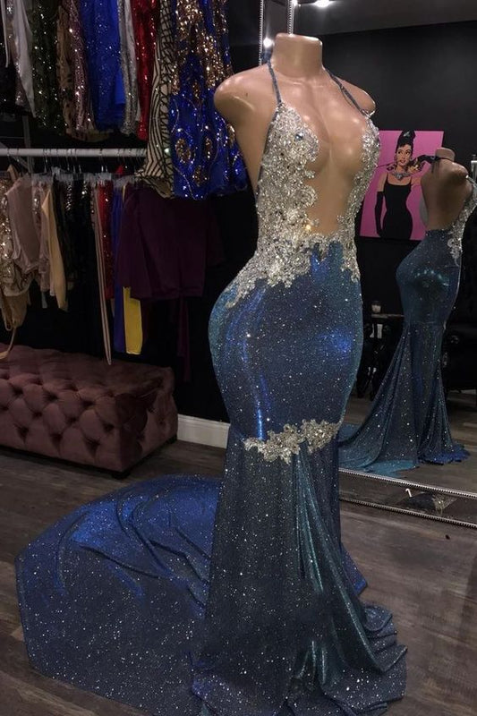 Long Halter Sheath Blue Open Front Backless Prom Dresses C416