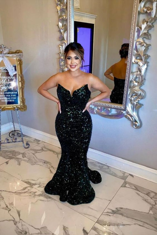 Mermaid Strapless Black Sequins Prom Dress C902