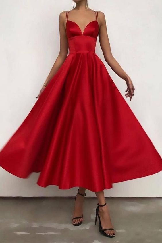 Spaghetti Straps Ruffles Satin Ruby Tee-Length Prom Dresses C1359