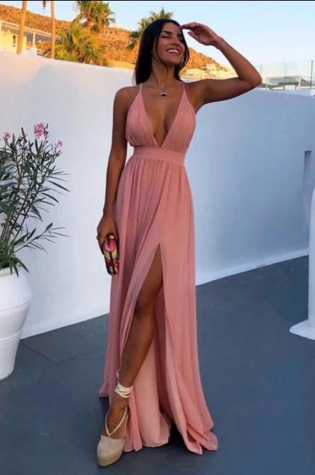 A-Line Deep V-Neck Backless Floor-Length Pink Chiffon Prom Dress with Split C346