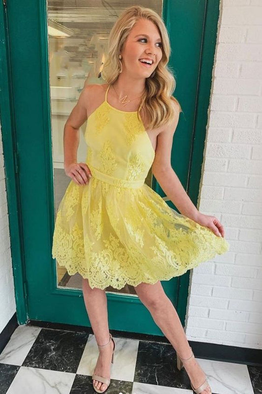 Backless Short Lace Appliques Prom Dresses,A Line Yellow Graduation Homecoming Dresses  C886