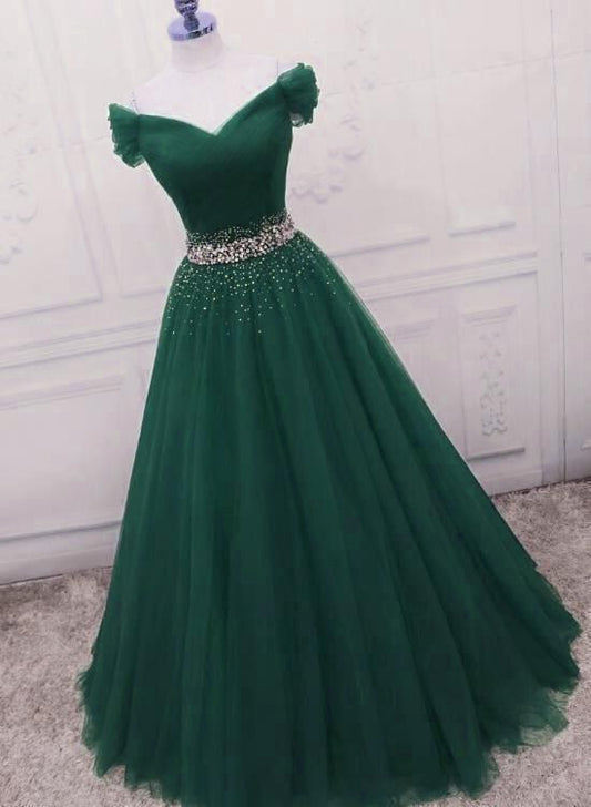 Gorgeous Dark Green Tulle Off Shoulder Long Party Dress, Prom Gown  C1579