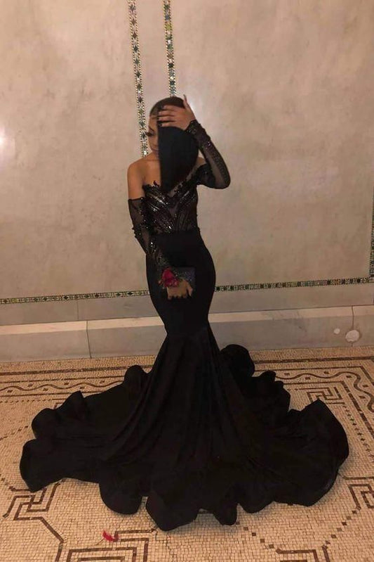 Black Long Sleeves Floor Length Mermaid Prom Dresses  C820