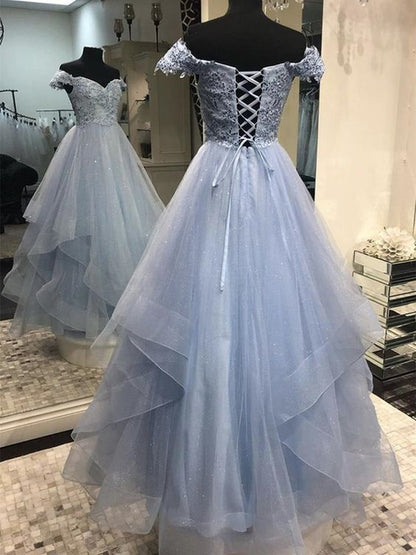 Sparkly Off Shoulder Blue Lace Long Prom Dresses, Off the Shoulder Blue Formal Dresses C401