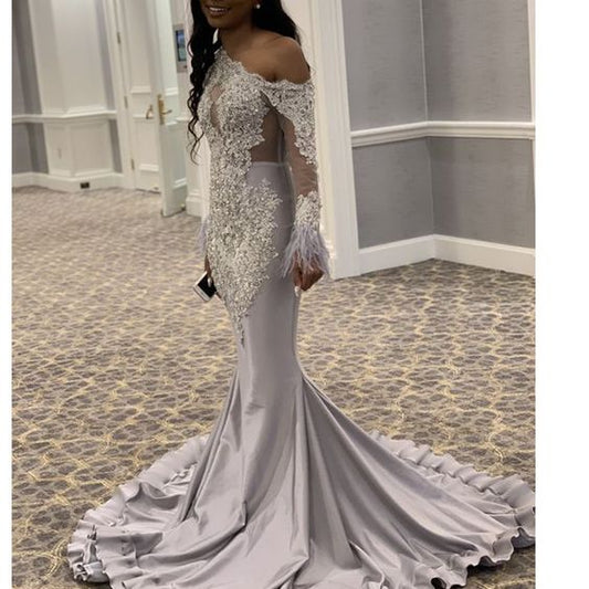 Sliver prom dresses, long sleeve prom dresses, lace prom dresses, feather prom dresses, arabic prom dresses C1308