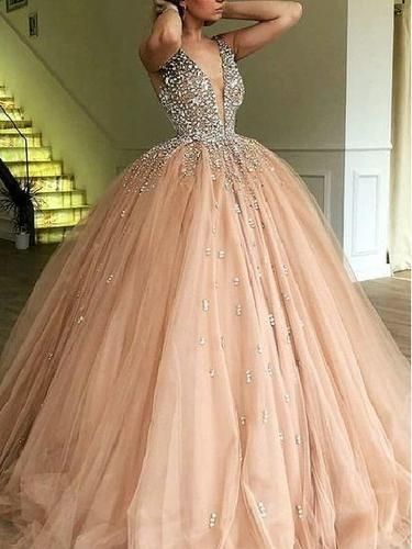 Luxury Ball Gown Champagne Tulle Dazzling Top Plunge V neck Prom Dress C219