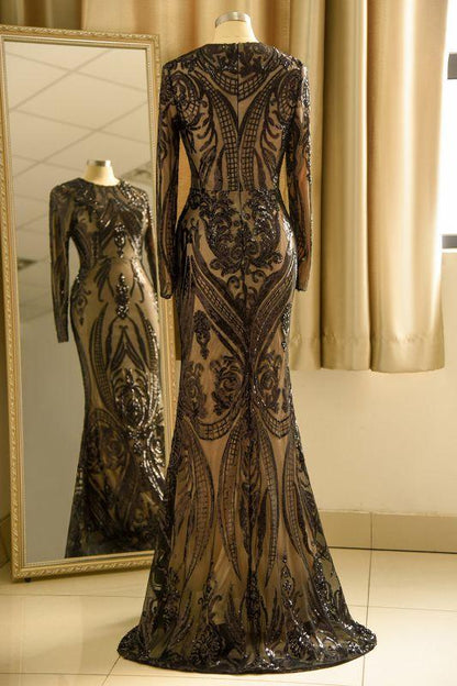 Elegant Jewel Sequined Mermaid Prom Dress | Long Sleeves Appliques Party Dress  C542