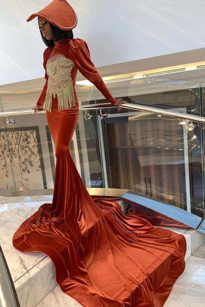 Vintage Orange Velvet Crystal Mermaid Prom Dresses With Long Sleeves C560