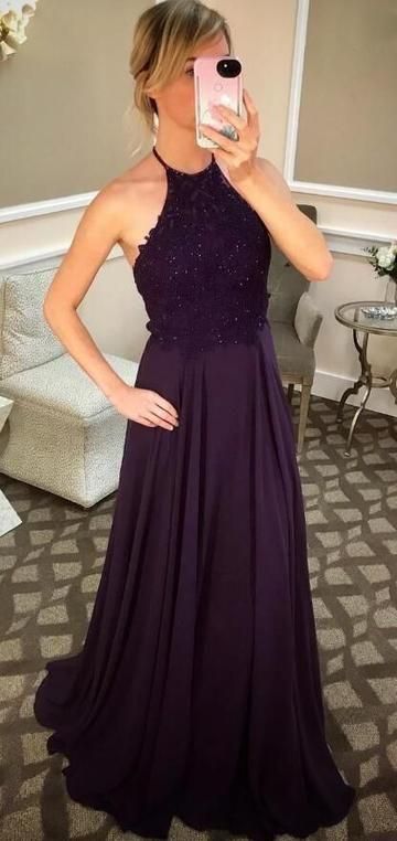 purple halter lace chiffon prom dress ,party dress C377