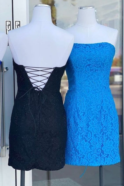 blue lace boydcon mini party dress with strapless neckline and lace up back  C1136