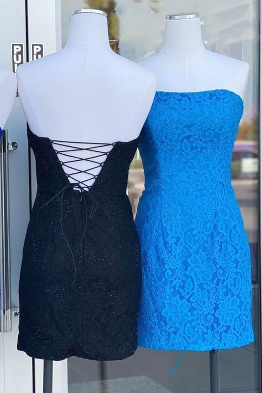 blue lace boydcon mini party dress with strapless neckline and lace up back  C1136