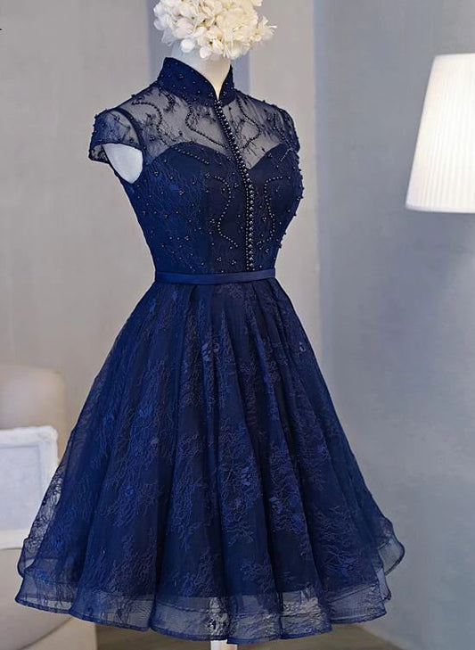 Beautiful Navy Blue Knee Length Lace Party Dress, Homecoming Dress C586