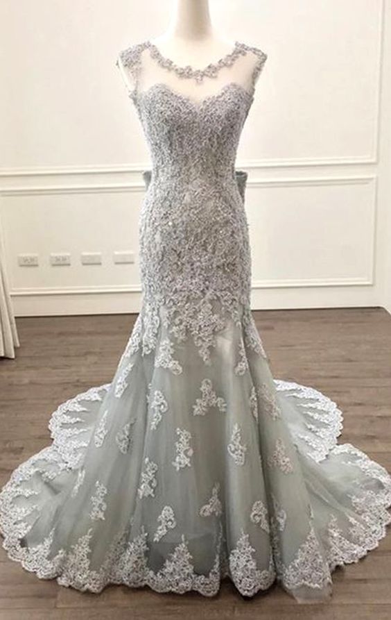 Mermaid O Neck Lace Long Prom Dress Silver Formal Evening Gown   C1409