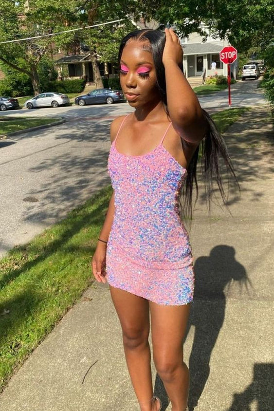 spaghetti straps pink sequins short homecoming dress features with spaghetti straps and lace up back C679