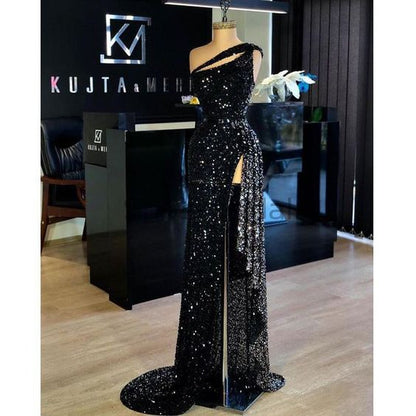 Mermaid Sparkly Sequin Black High Slit Sexy Elegant Modest Long Prom Dresse C1223