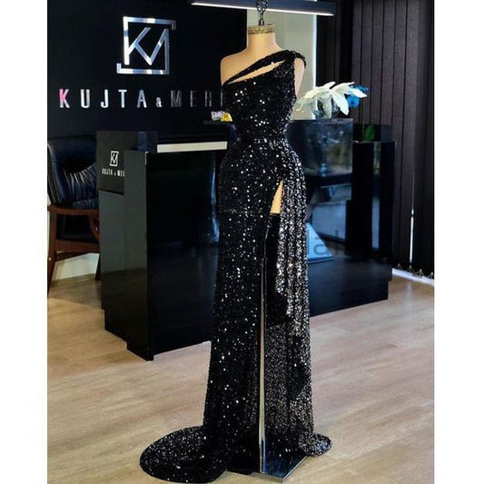 Mermaid Sparkly Sequin Black High Slit Sexy Elegant Modest Long Prom Dresse C1223
